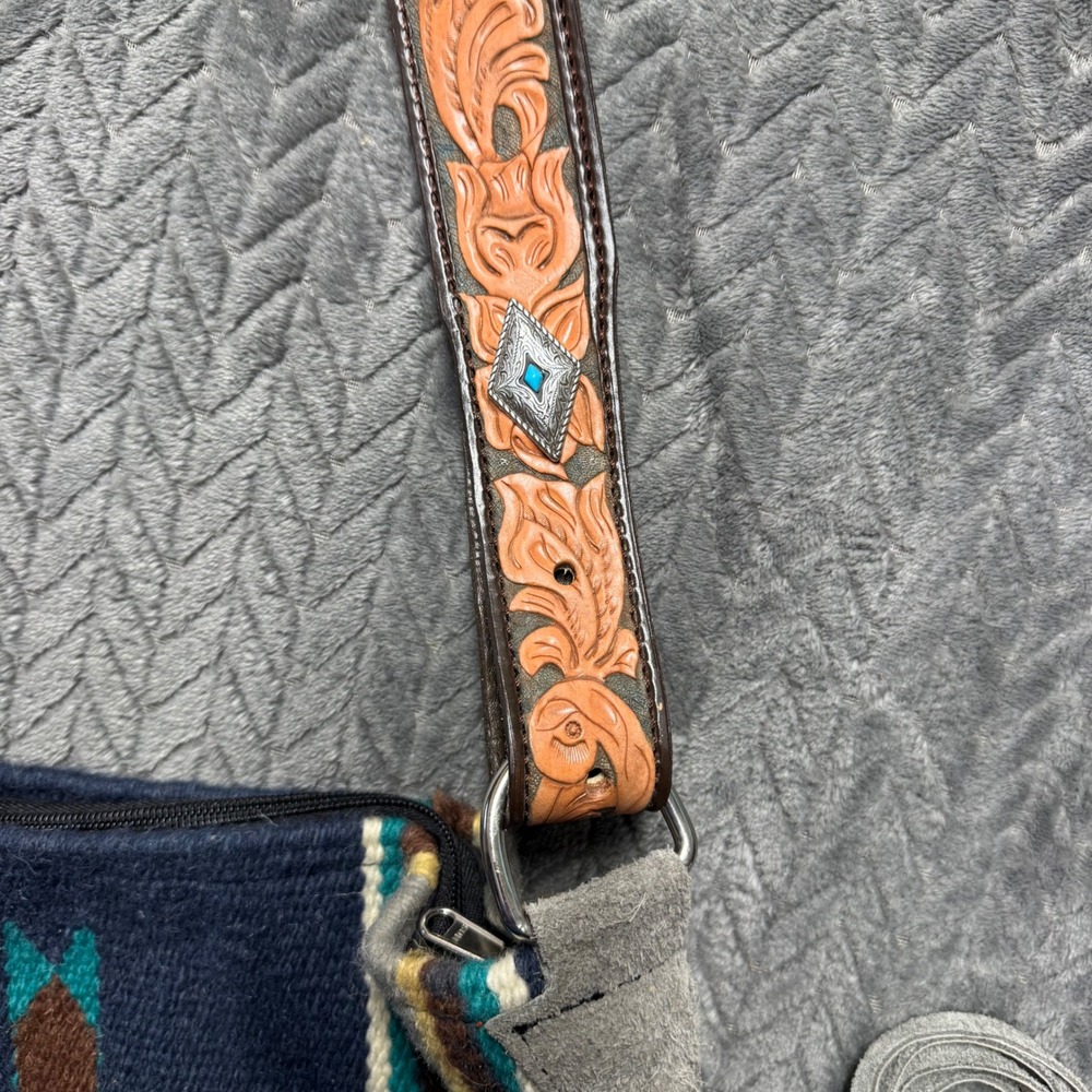 Handmade Southwestern Wool Fringe Blanket Crossbody Bag Tooled Leather Strap - Picture 4 of 9